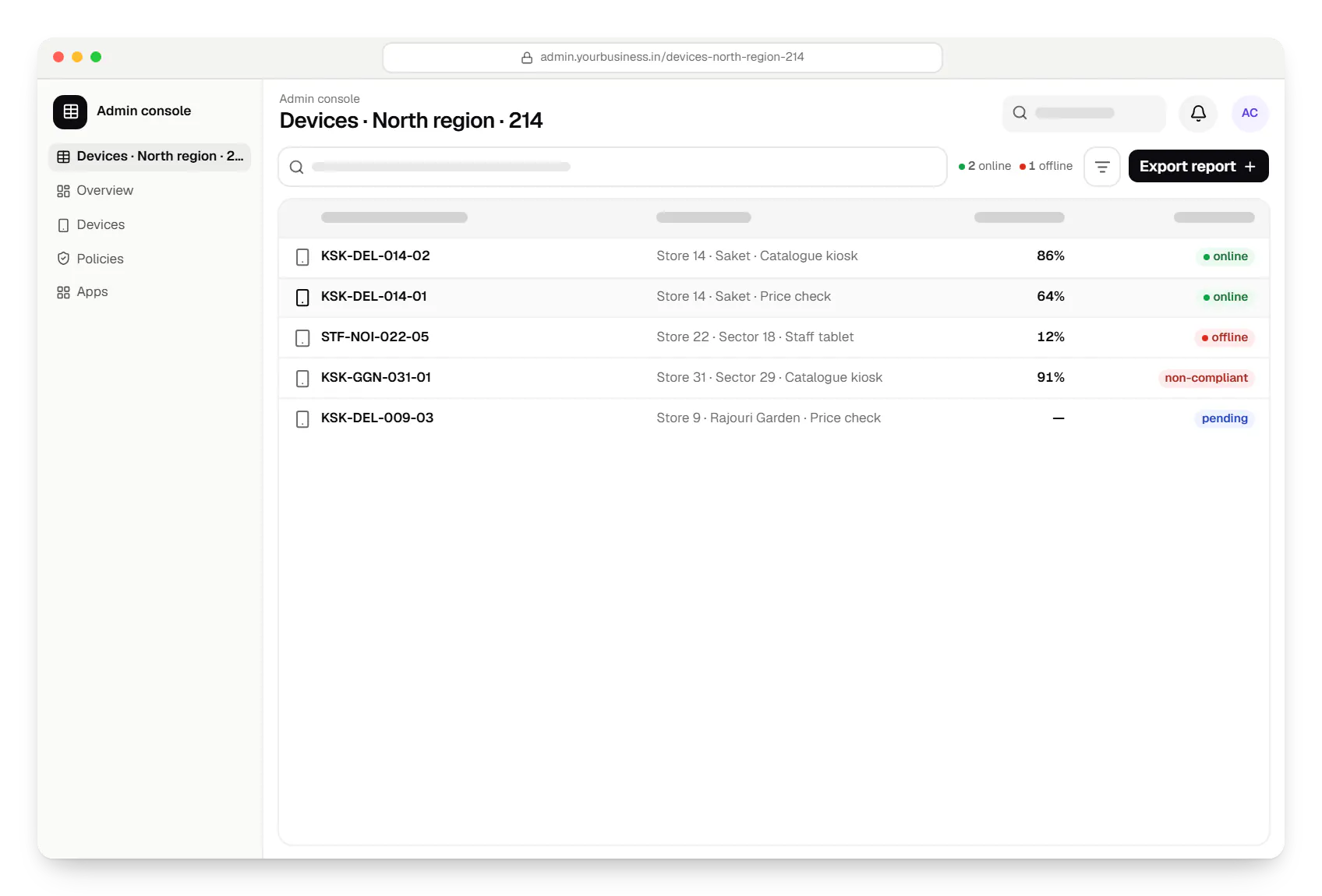 Android kiosk and device management platform for retail stores admin console devices table in a web browser
