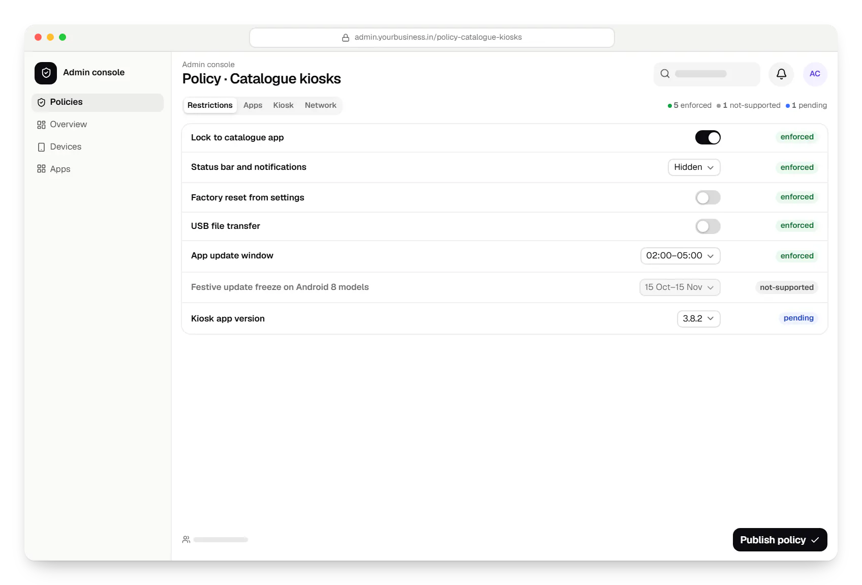 Android kiosk and device management platform for retail stores admin console policy settings in a web browser