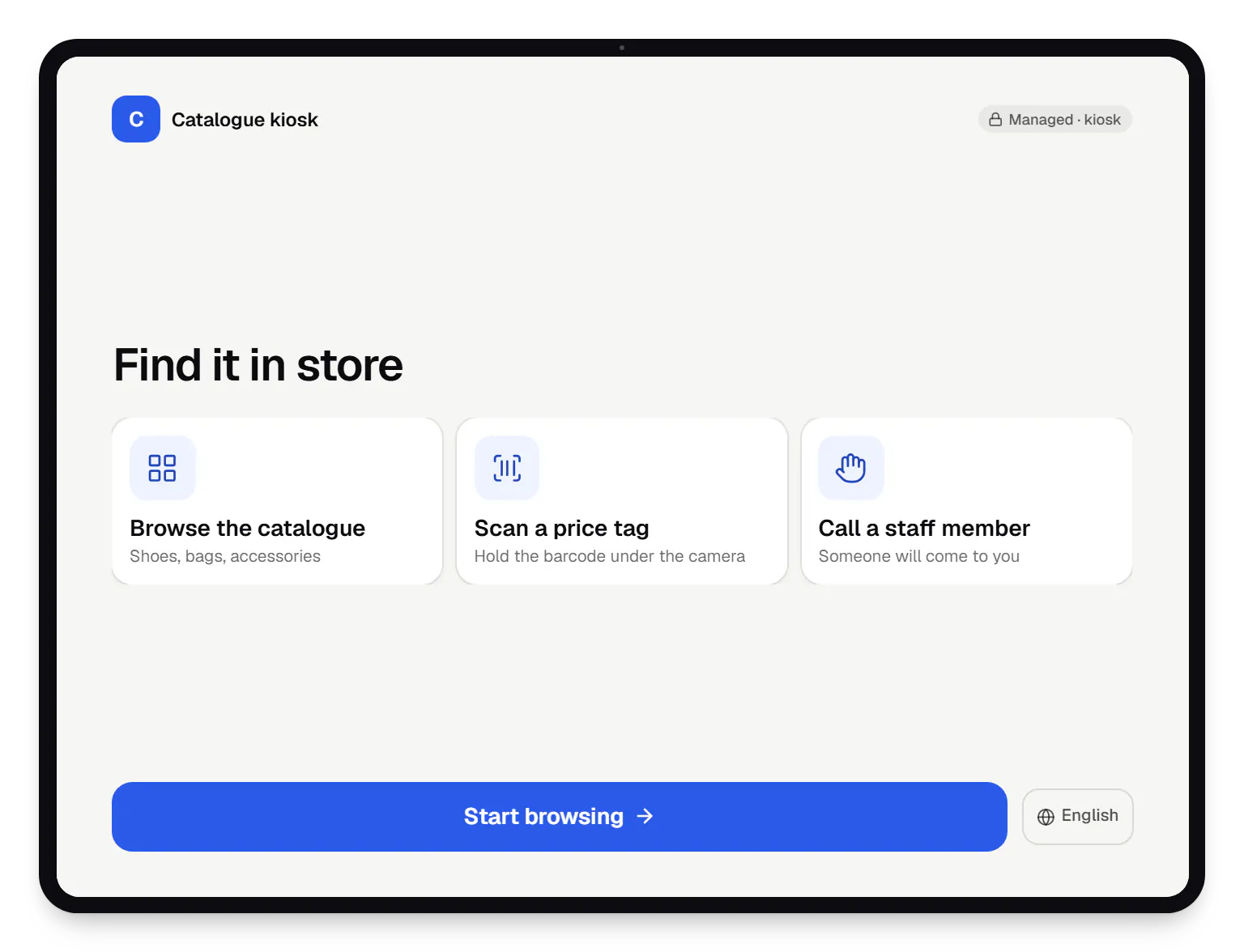 Android and device management platform for retail stores catalogue kiosk locked kiosk screen on a tablet