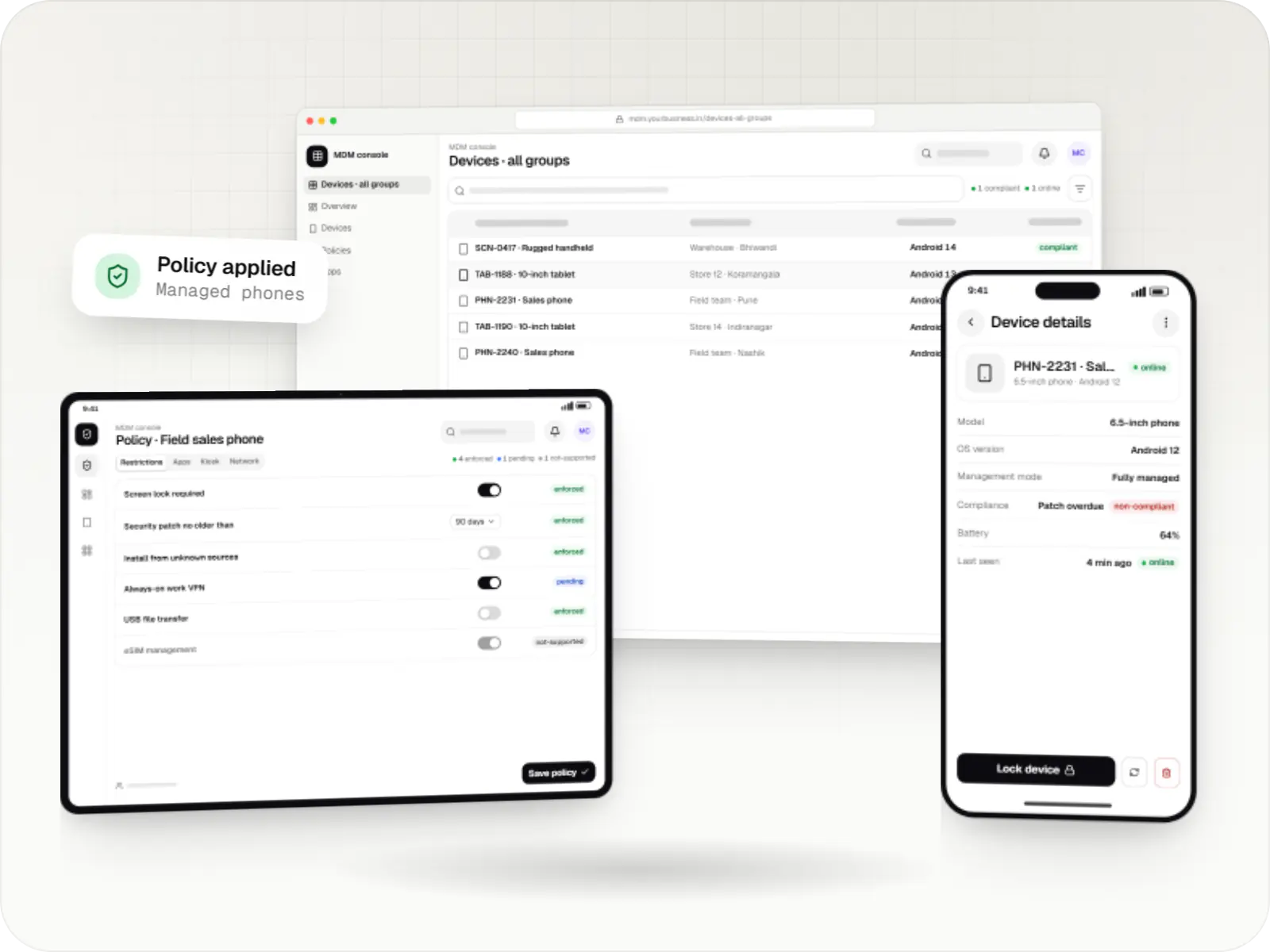 Devices managed with the Android Management API: device list, policy settings and a managed phone
