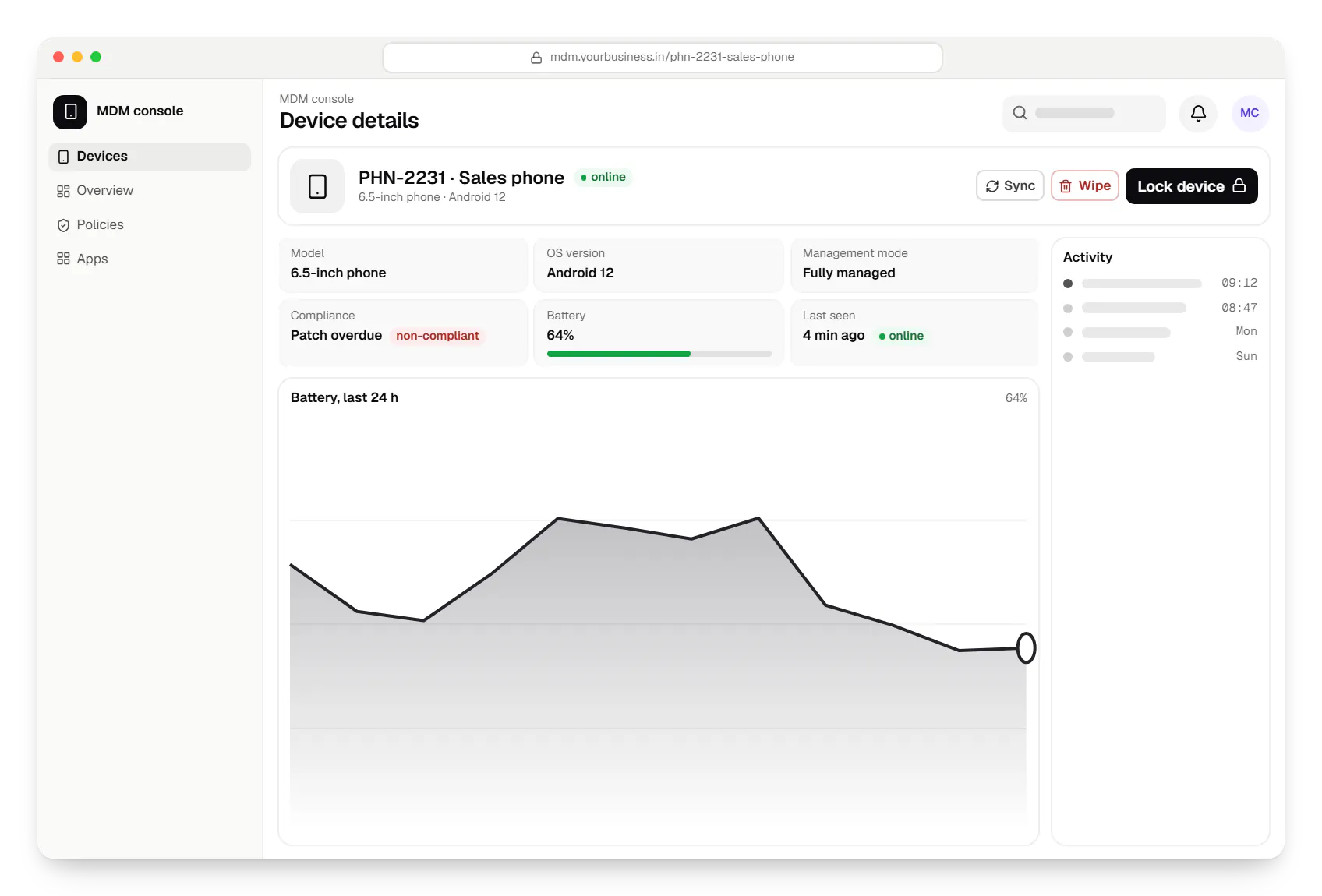 Android MDM console device details in a web browser