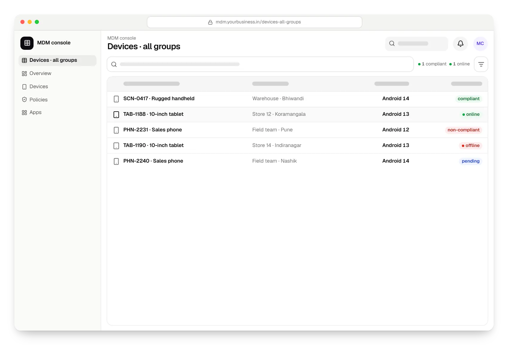 Android MDM console devices table in a web browser, with 5 rows and status labels