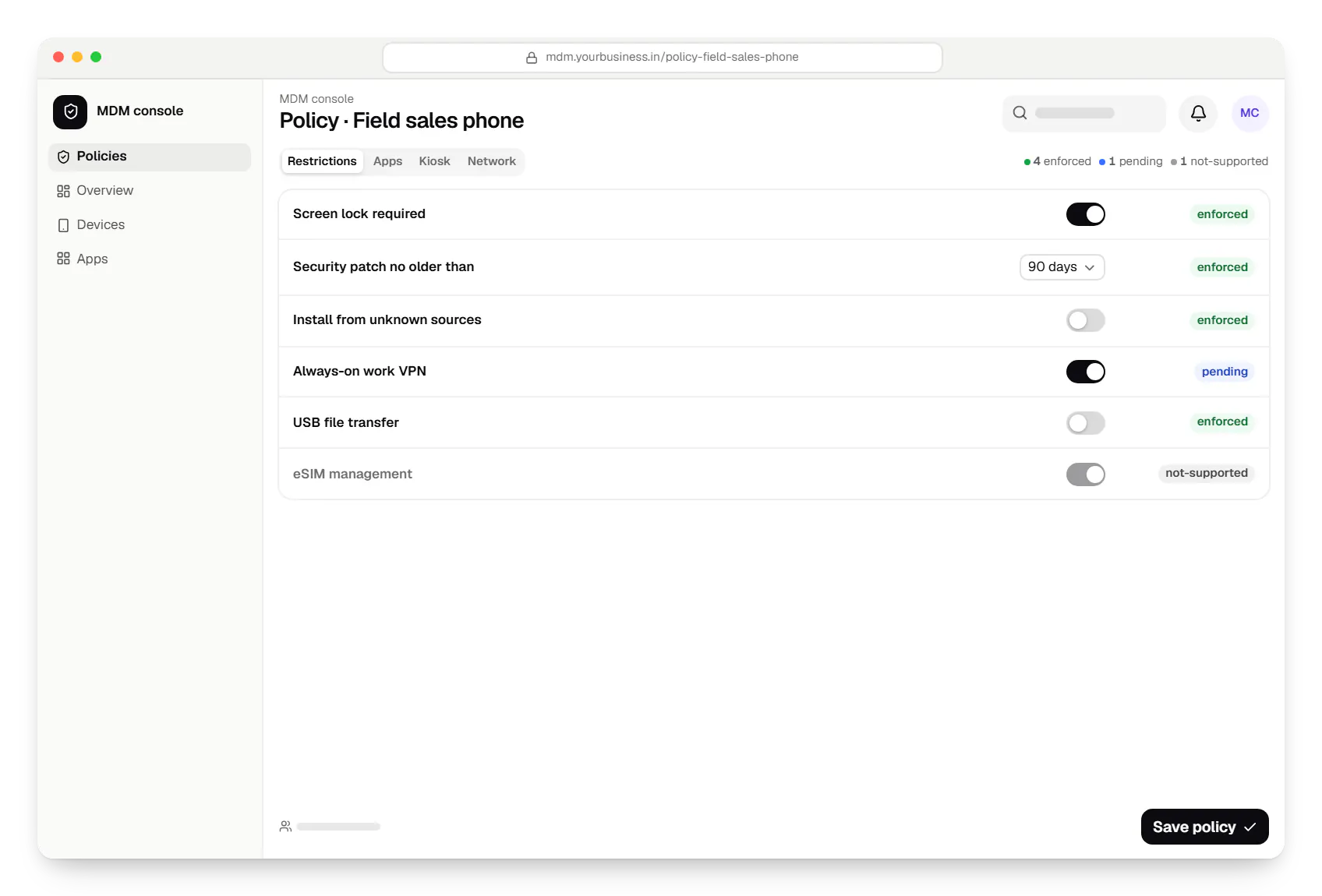 Android MDM console policy settings in a web browser