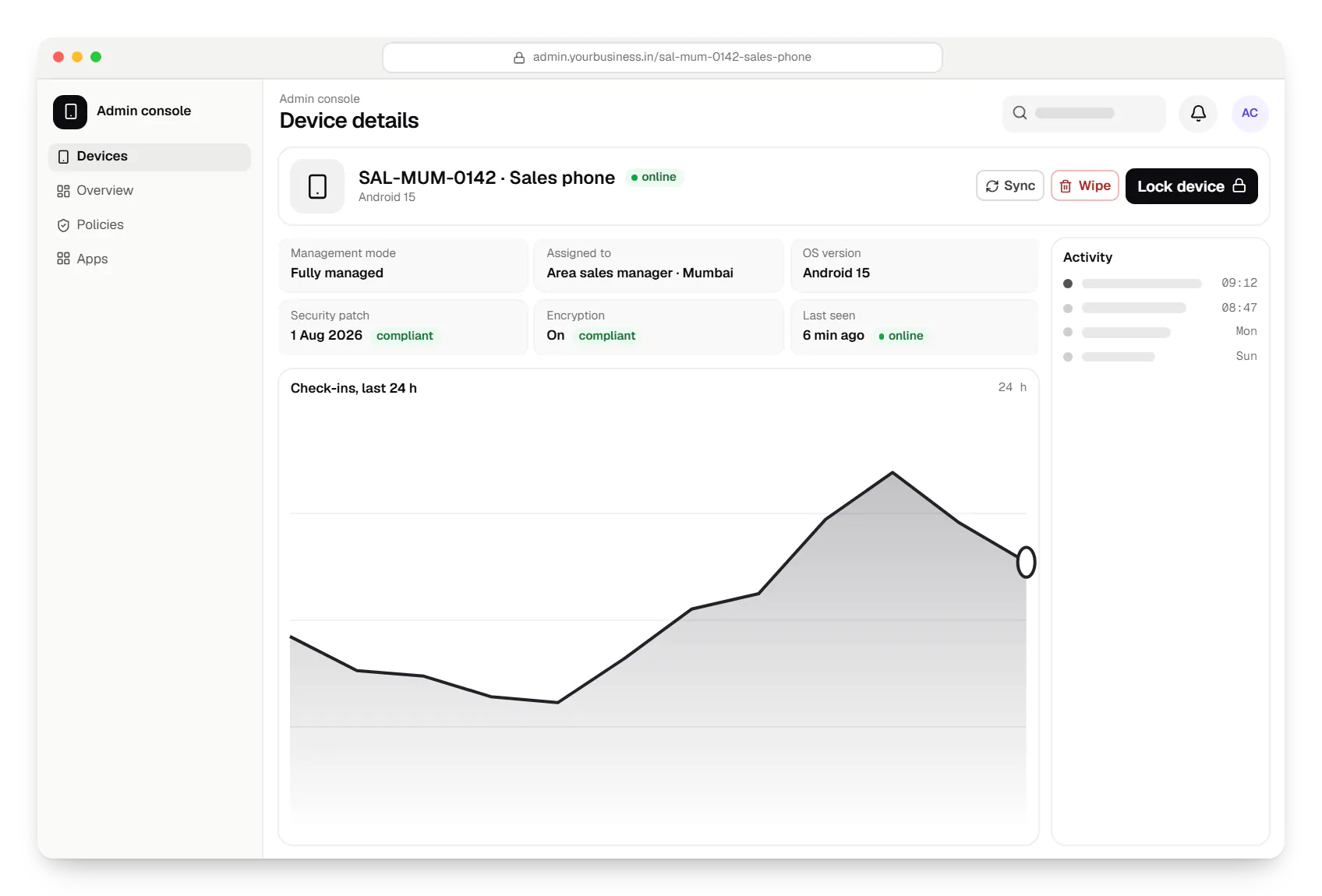 Android™ MDM for enterprise device fleets admin console device details in a web browser