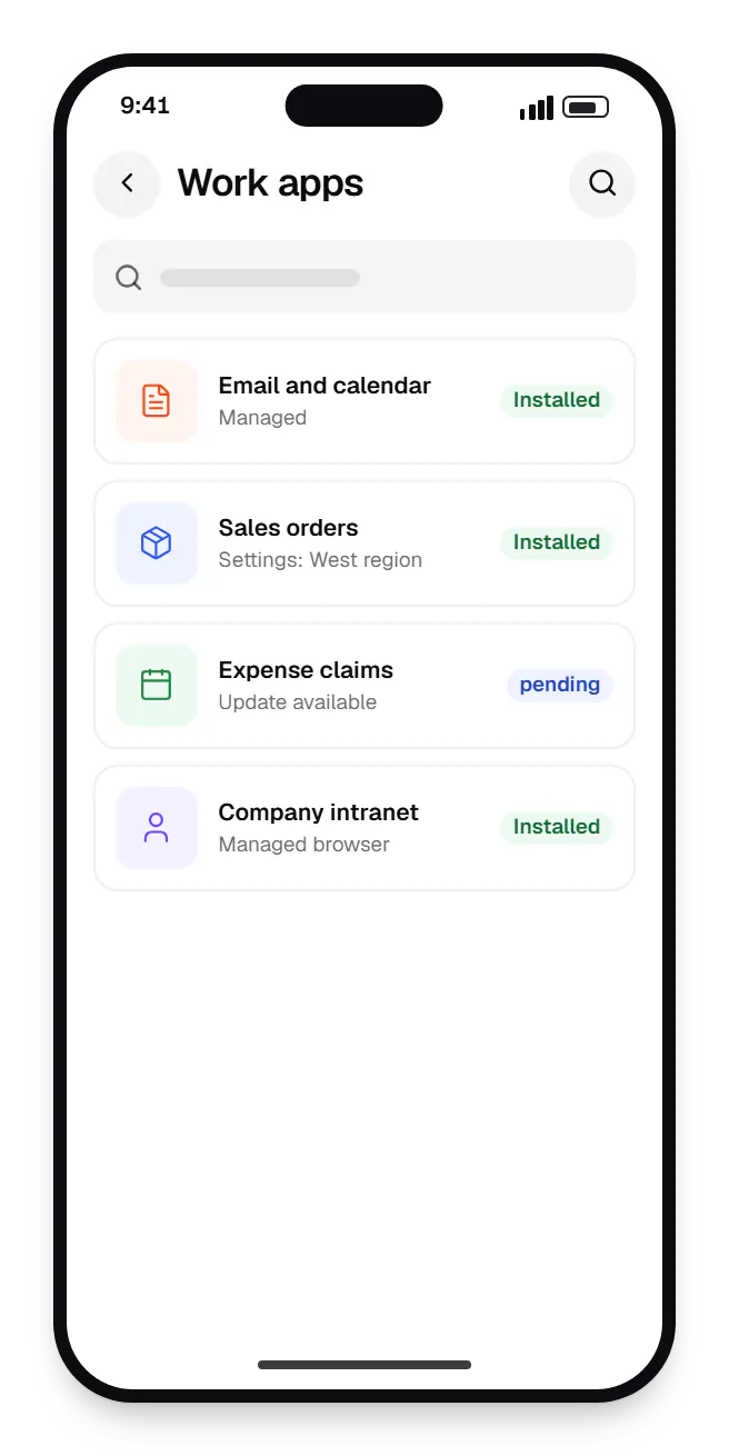 Android™ MDM for enterprise device fleets employee phone work apps on a phone, with 4 entries