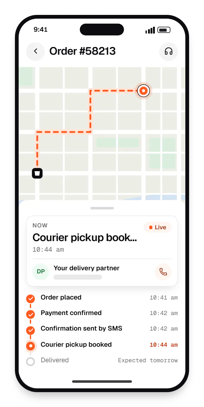 API customer app order tracking on a phone, with live status steps