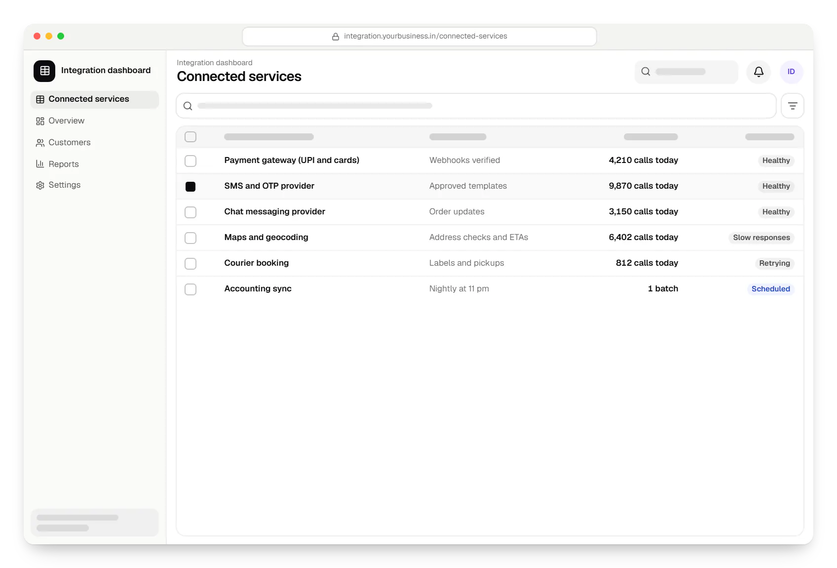 API integration dashboard connected services table in a web browser, with 6 rows and status labels