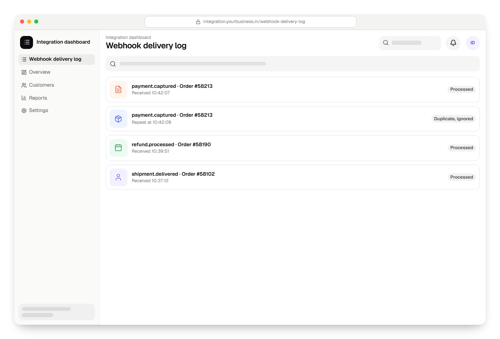 API integration dashboard webhook delivery log in a web browser, with 4 entries