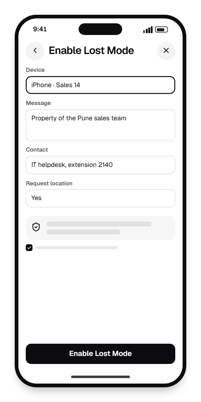 Apple MDM admin console enable lost mode on a phone, with input fields and an action button