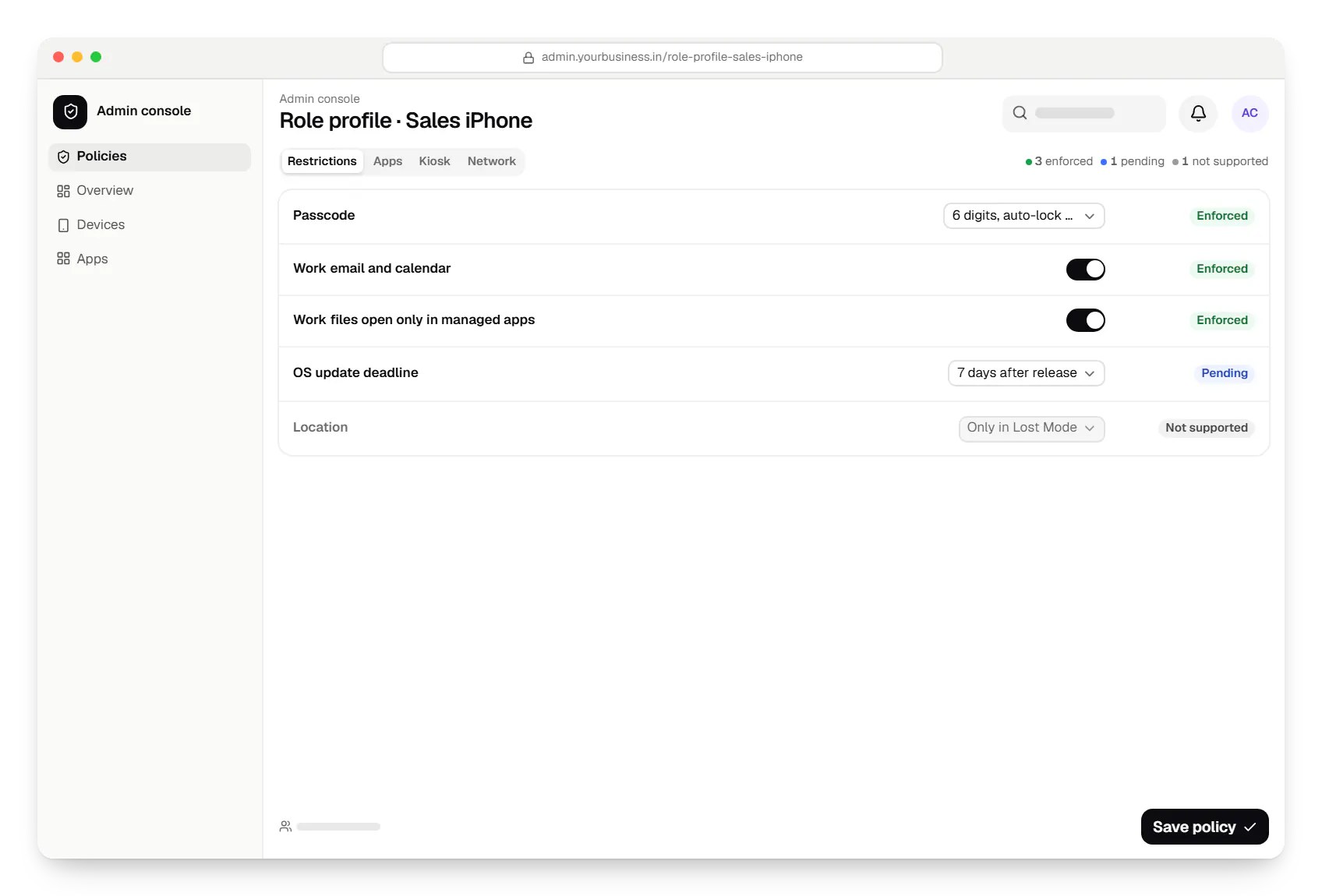 Apple MDM admin console policy settings in a web browser