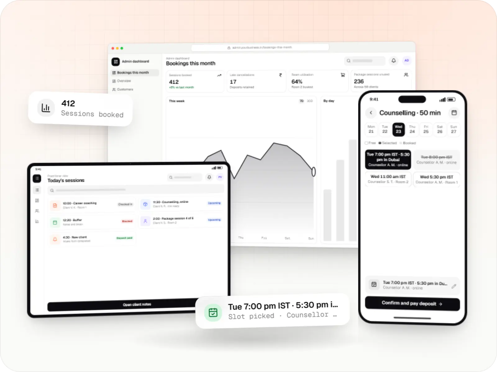 Appointment-based business software screens: admin dashboard in a browser and practitioner view on a tablet