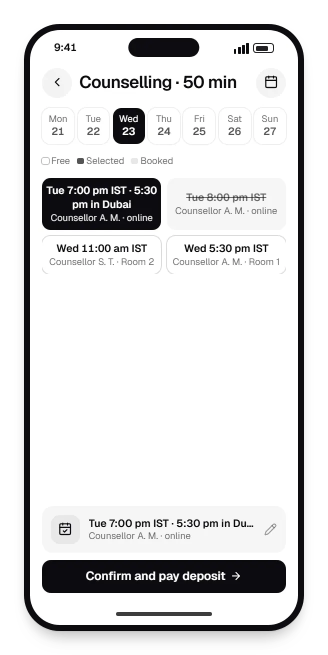 Appointment-based business software client booking page booking slots on a phone, with open time slots