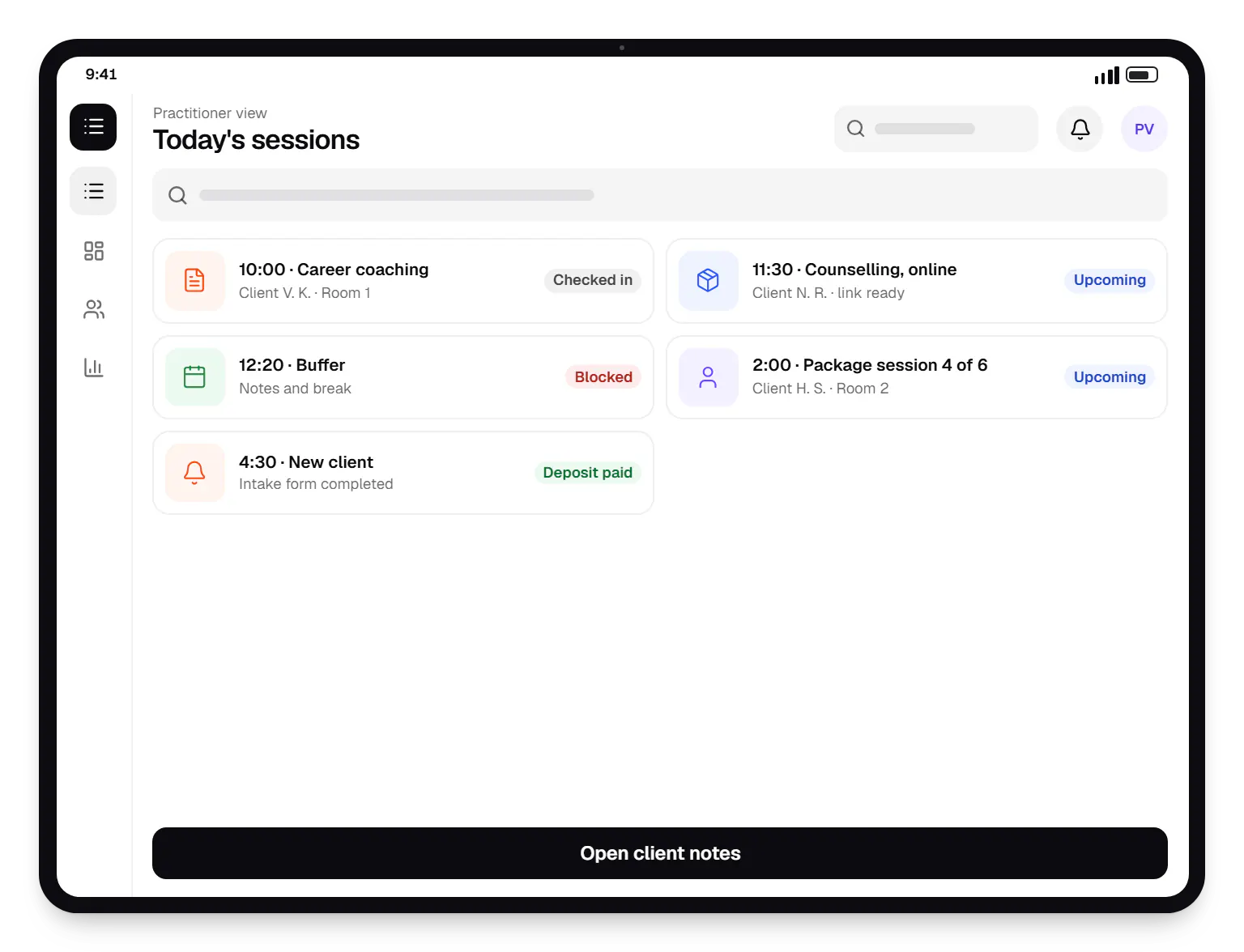 Appointment-based business software practitioner view today's sessions on a tablet, with 5 entries