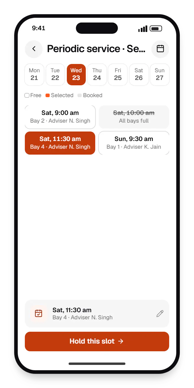Appointment software booking page booking slots on a phone, with open time slots