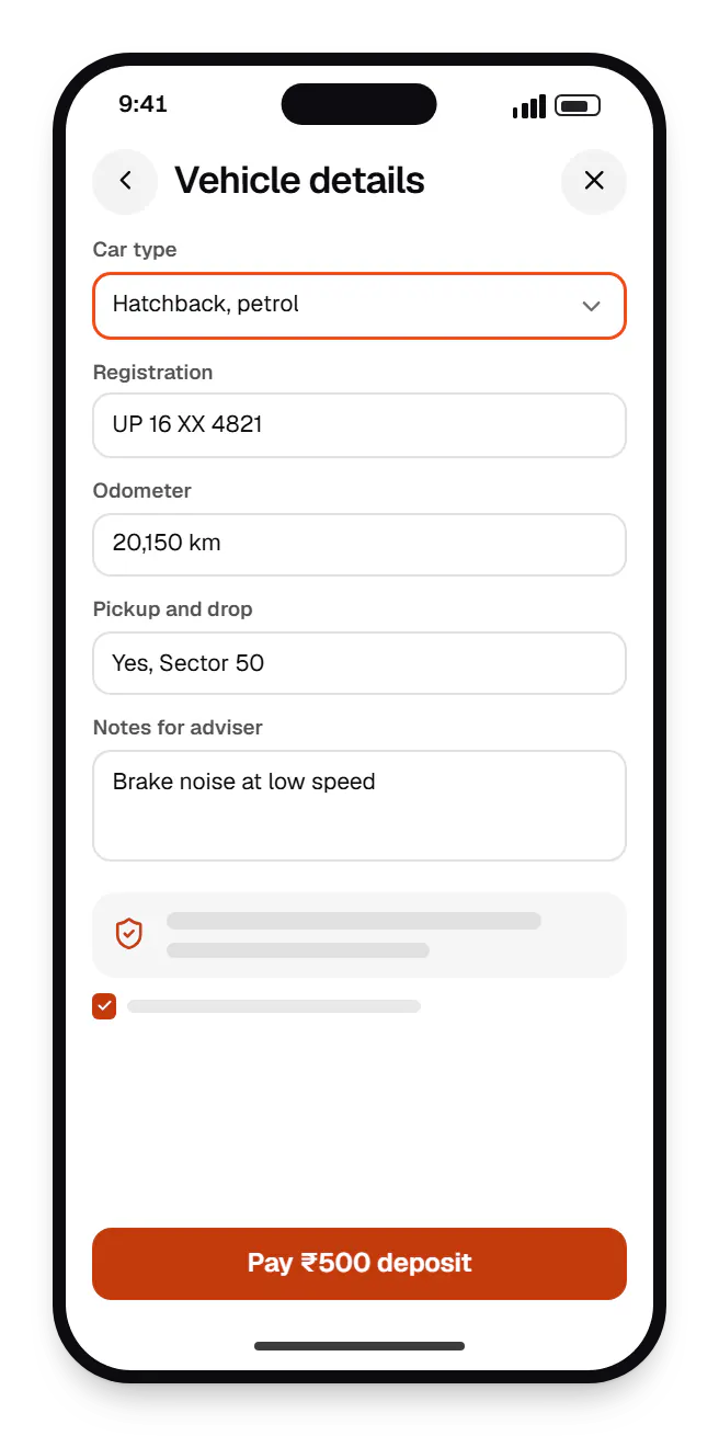 Appointment software booking page vehicle details on a phone, with input fields and an action button
