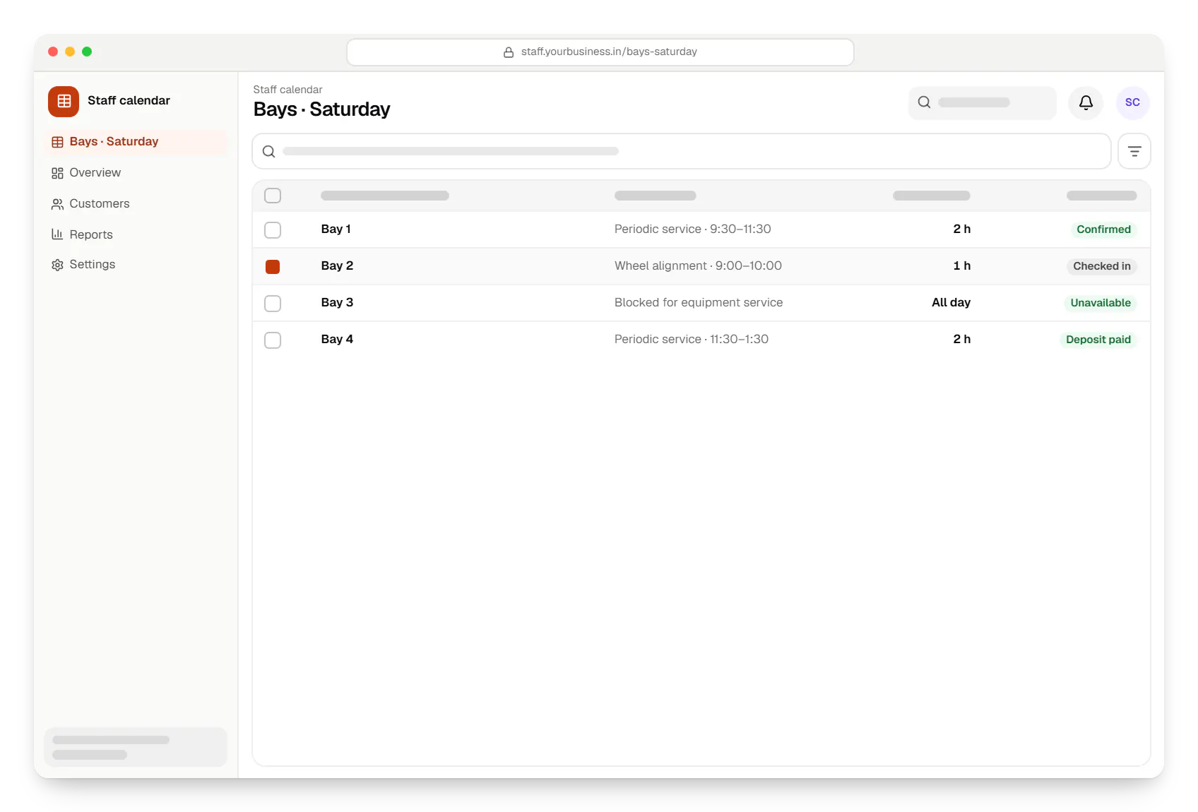 Appointment booking software staff calendar bays table in a web browser, with 4 rows and status labels