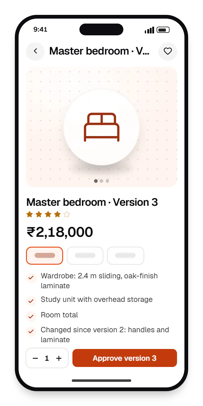 Architecture and interior design software client portal product page on a phone, for master bedroom, with price and options