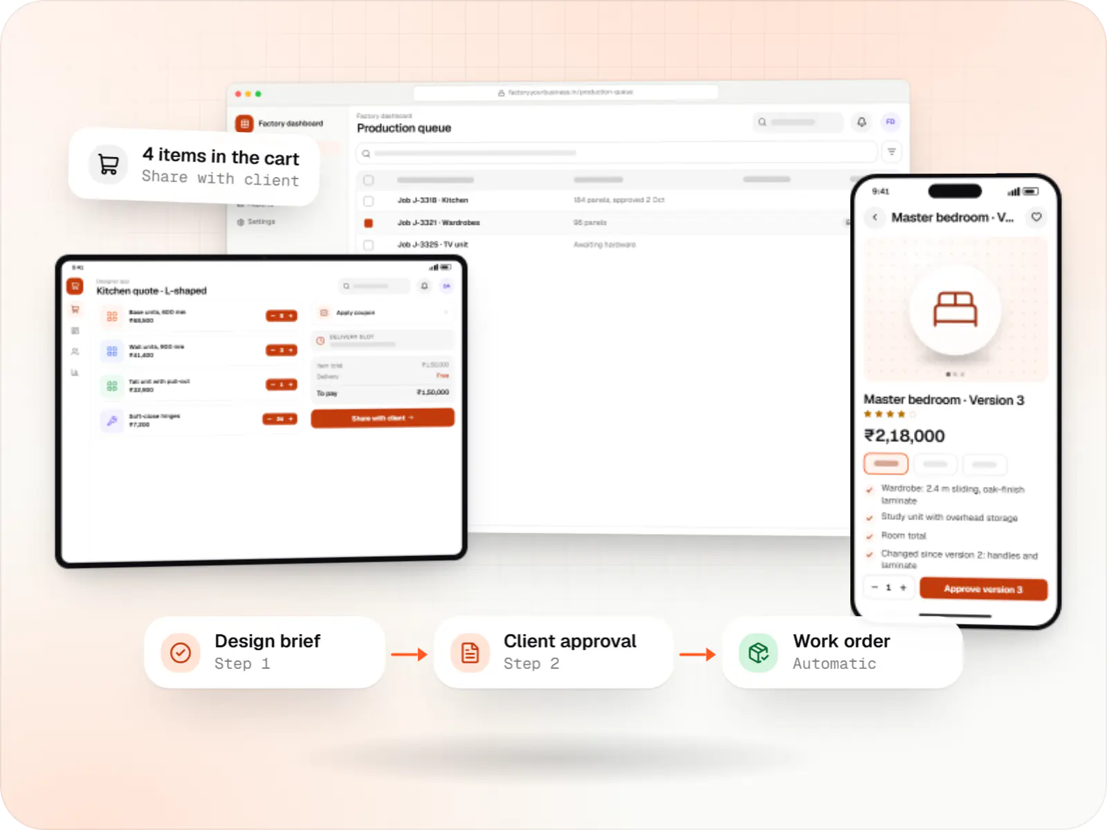 Architecture and interior design software screens: factory dashboard in a browser and designer app on a tablet
