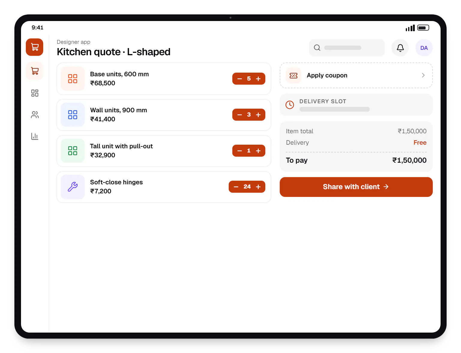 Architecture and interior design software designer app cart on a tablet, with 4 items and the order total