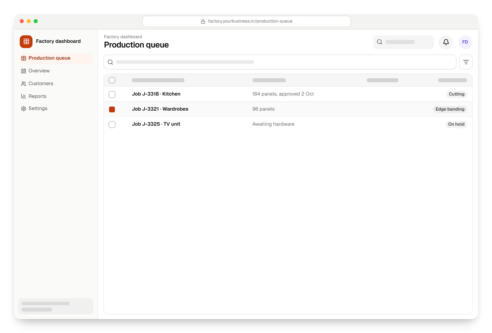 Architecture and interior design software factory dashboard production queue table in a web browser