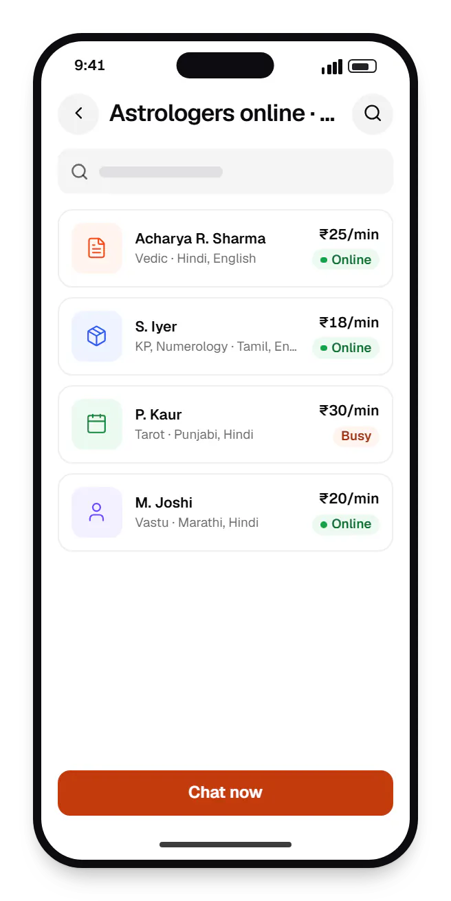 Astrology user app astrologers online on a phone, with 4 entries