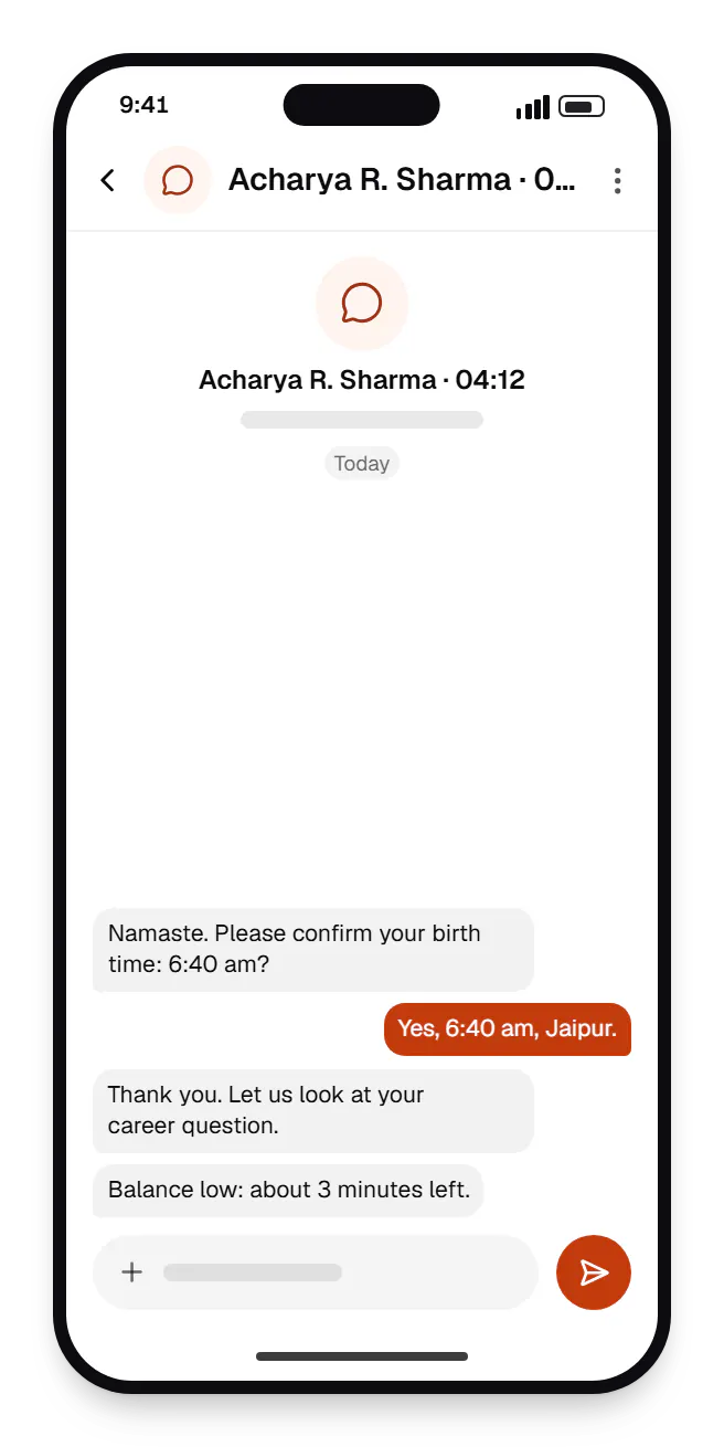 Astrology user app chat on a phone, with a question and a reply