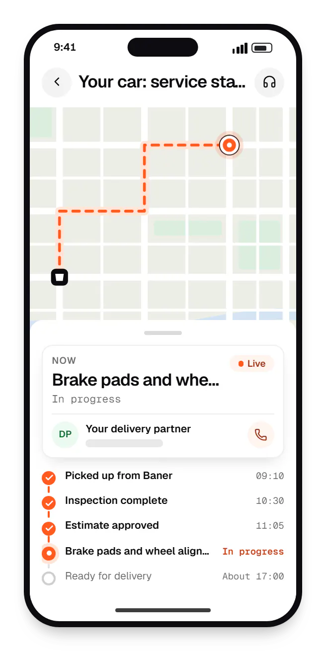 Automotive software customer app order tracking on a phone, with live status steps