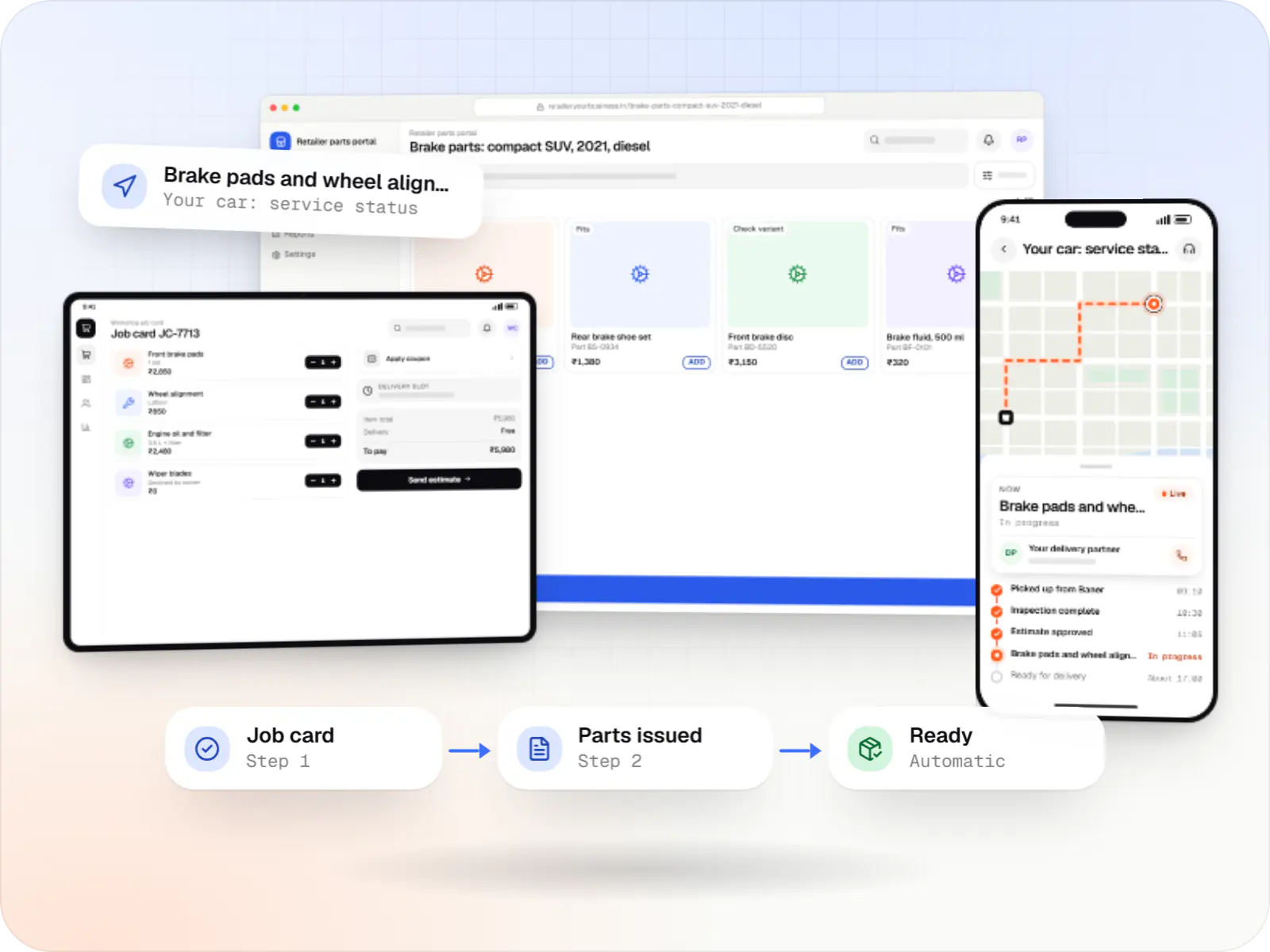 Automotive software screens: retailer parts portal in a browser and workshop job card cart on a tablet