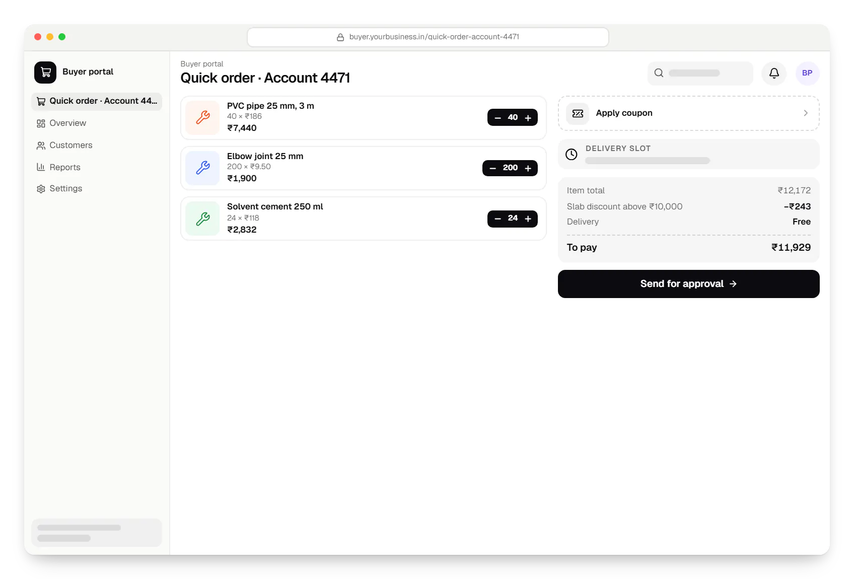 B2B commerce software buyer portal cart in a web browser, with 4 items and the order total
