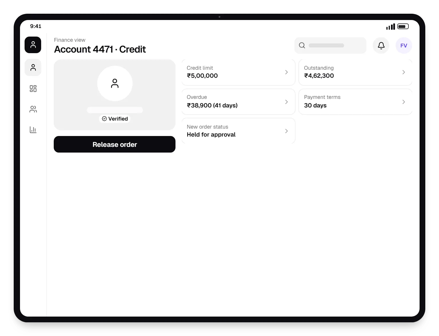 B2B commerce software finance view profile on a tablet, with account details