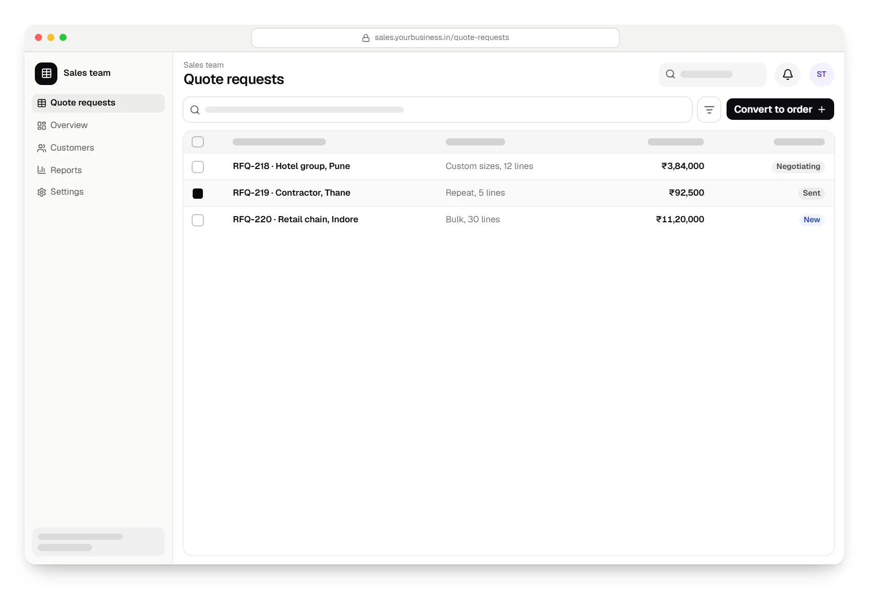 B2B commerce software sales team quote requests table in a web browser, with 3 rows and status labels