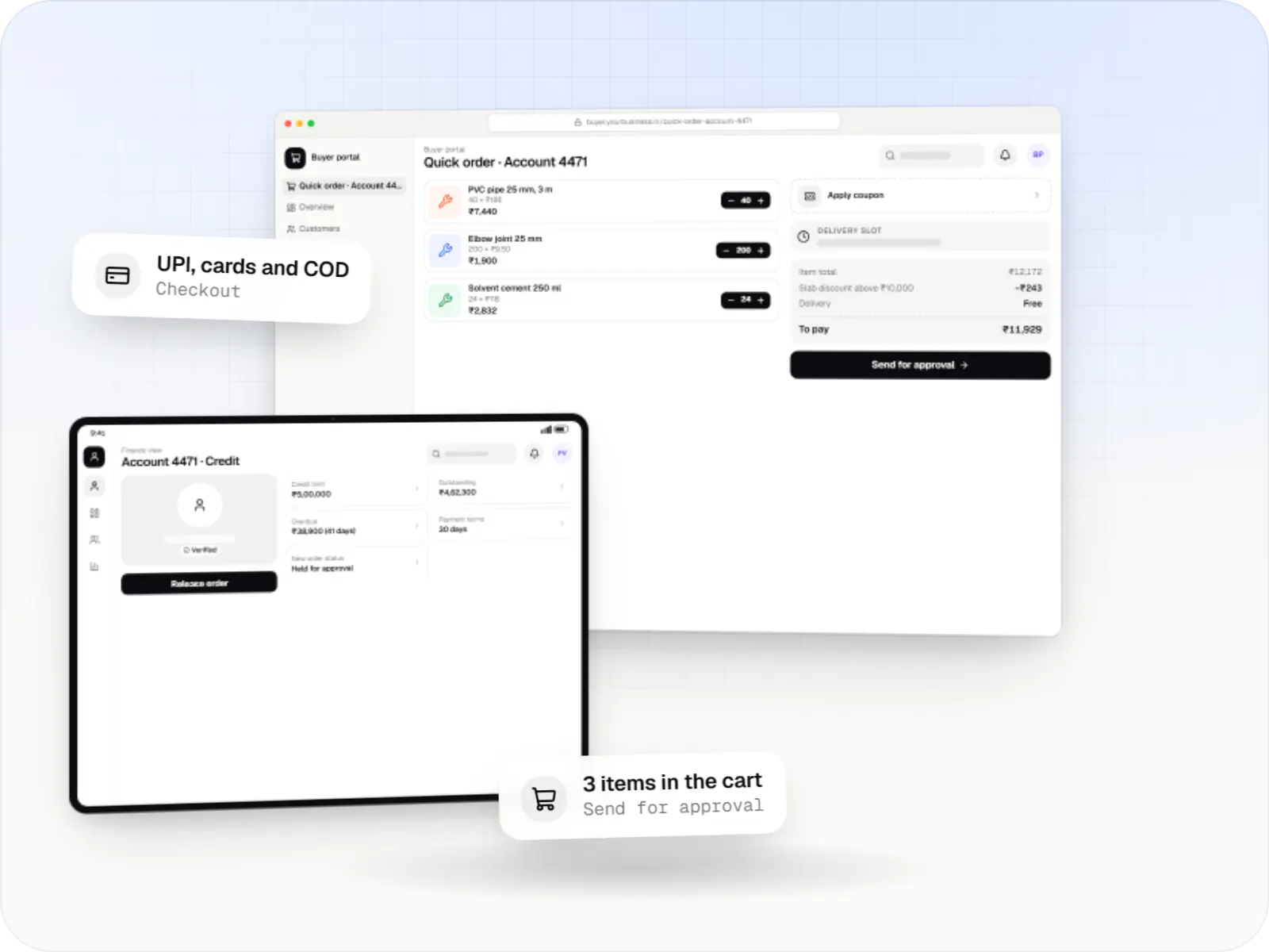 B2B commerce software screens: buyer portal in a browser and finance view on a tablet