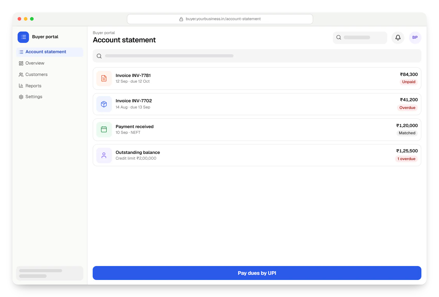 B2B e-commerce buyer portal account statement in a web browser, with 4 entries