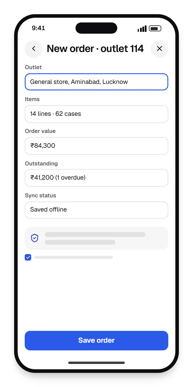 B2B e-commerce sales rep app new order on a phone, with input fields and an action button