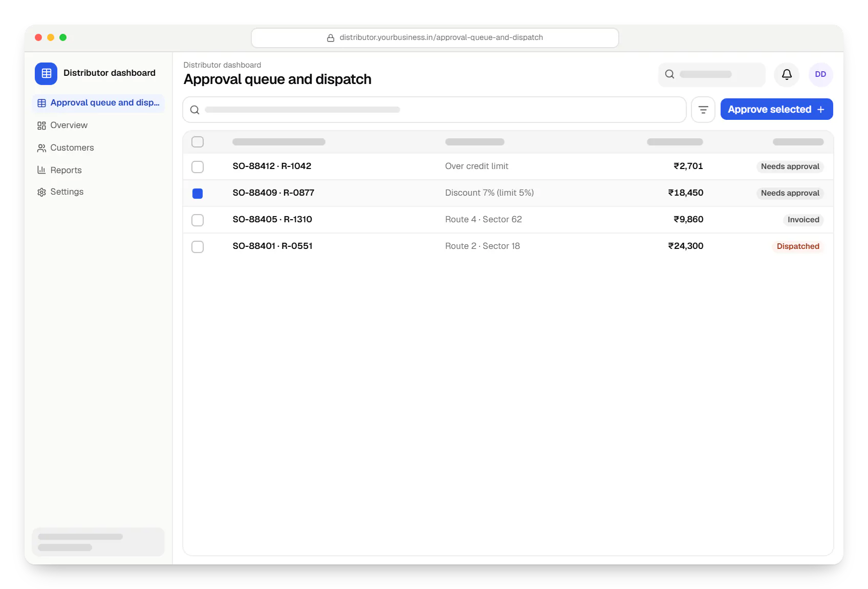 B2B wholesale ordering app distributor dashboard approval queue and dispatch table in a web browser