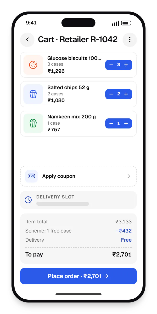 B2B wholesale ordering retailer app cart on a phone, with 4 items and the order total