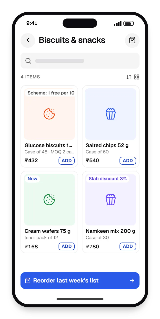 B2B wholesale ordering retailer app catalogue on a phone, showing biscuits and snacks with prices