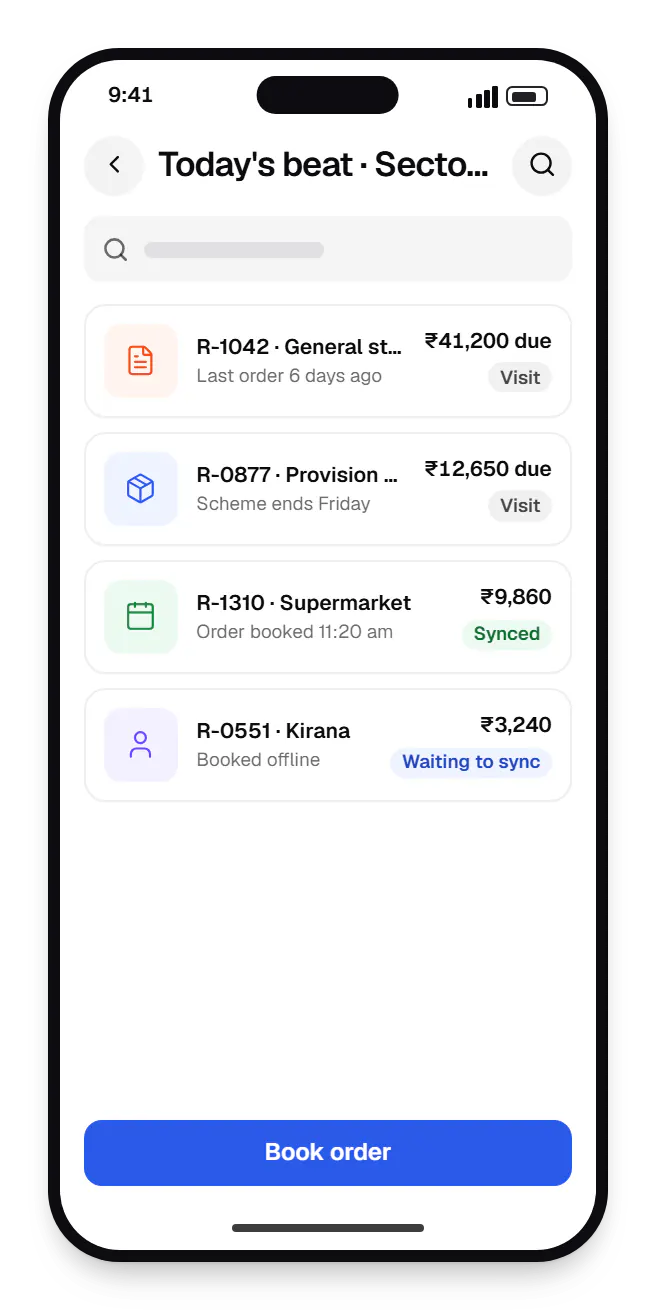 B2B wholesale ordering app sales mode today's beat on a phone, with 4 entries