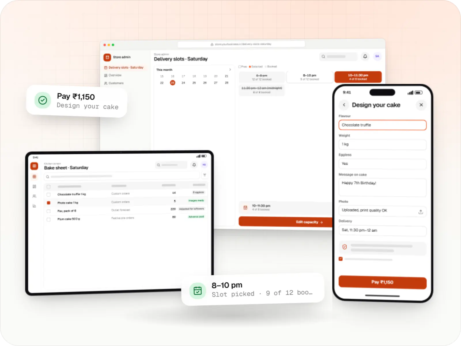 Bakery software screens: store admin in a browser, kitchen screen on a tablet and cake builder on a phone