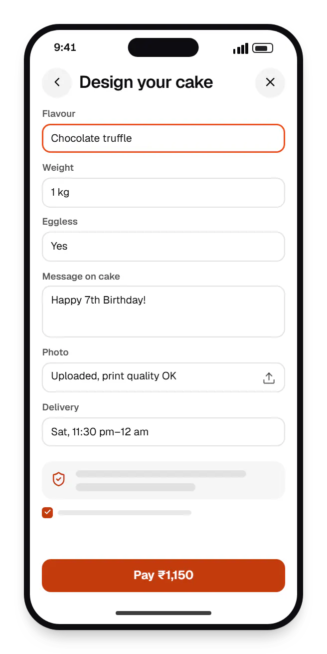 Bakery software cake builder design your cake on a phone, with input fields and an action button