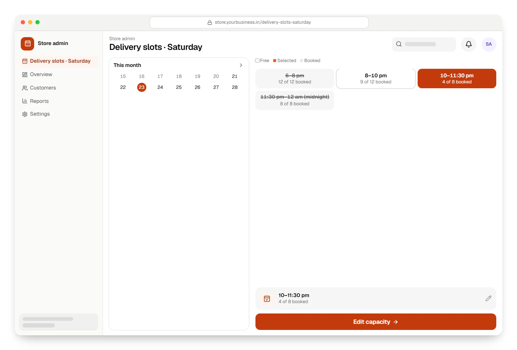 Bakery software store admin booking slots in a web browser, with open time slots