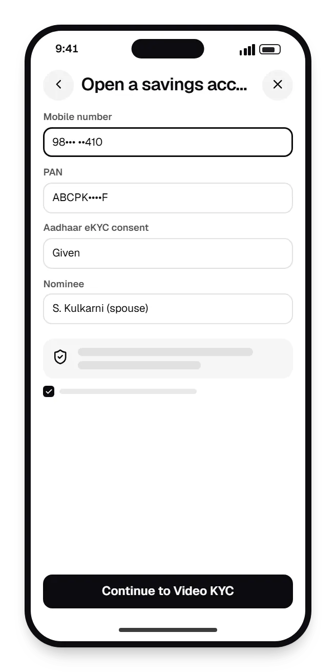 Banking software customer app open a savings account on a phone, with input fields and an action button