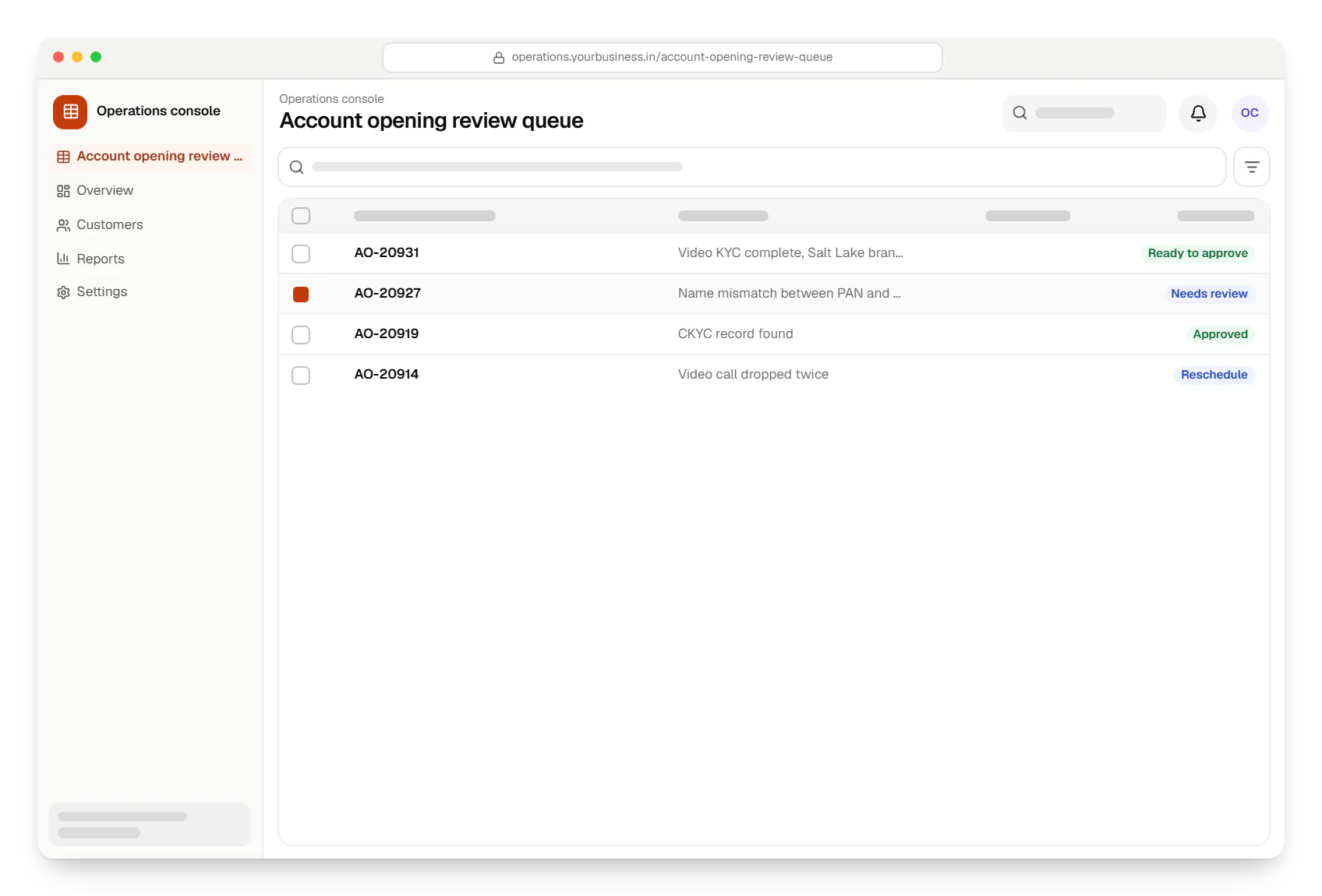 Banking software operations console account opening review queue table in a web browser, with 4 rows and status labels