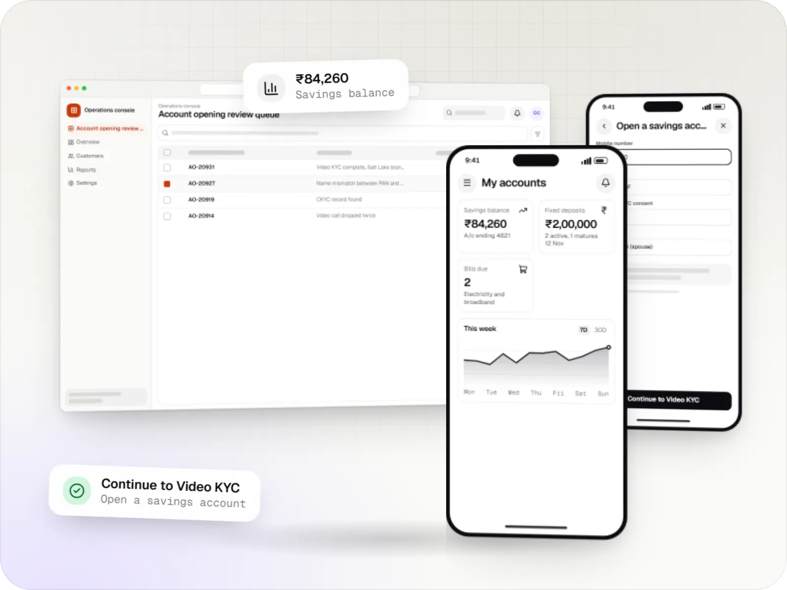 Banking software screens: operations console in a browser and customer app on two phones