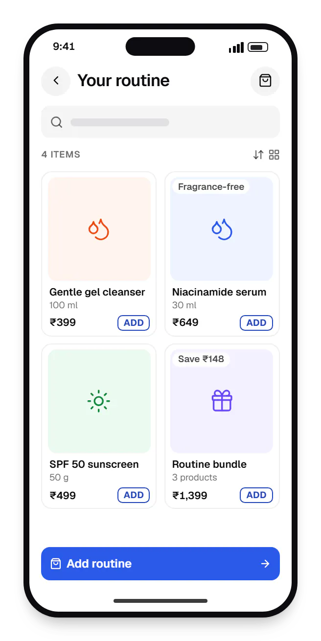 Beauty and cosmetics software shopper app catalogue on a phone, showing your routine with prices