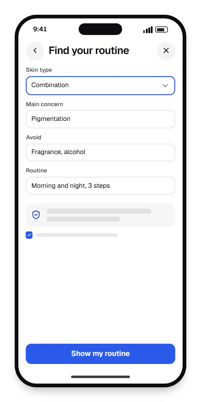 Beauty and cosmetics software shopper app find your routine on a phone, with input fields and an action button