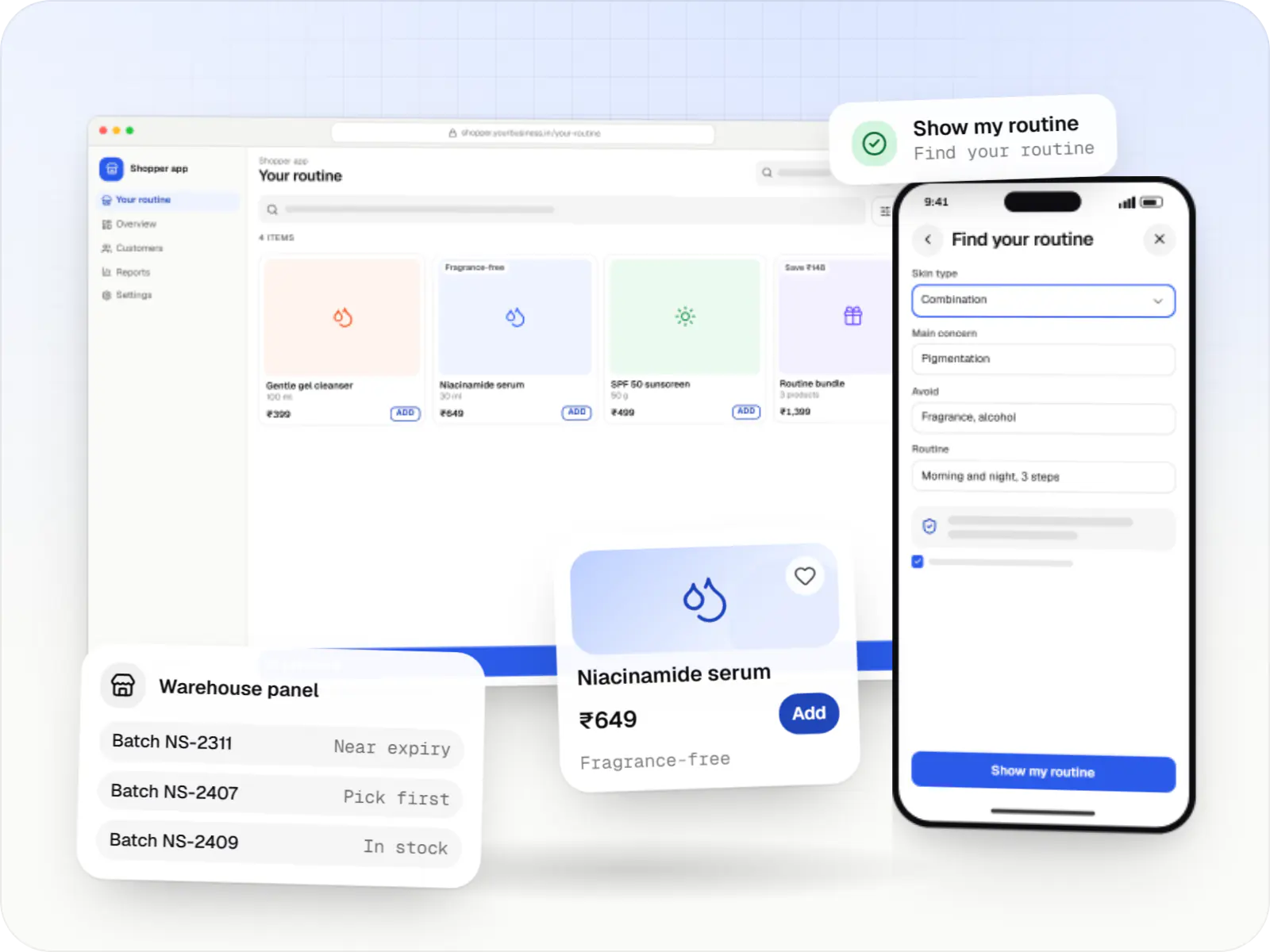 Beauty and cosmetics software screens: storefront catalogue in a browser, shopper app on a phone and a seller orders card