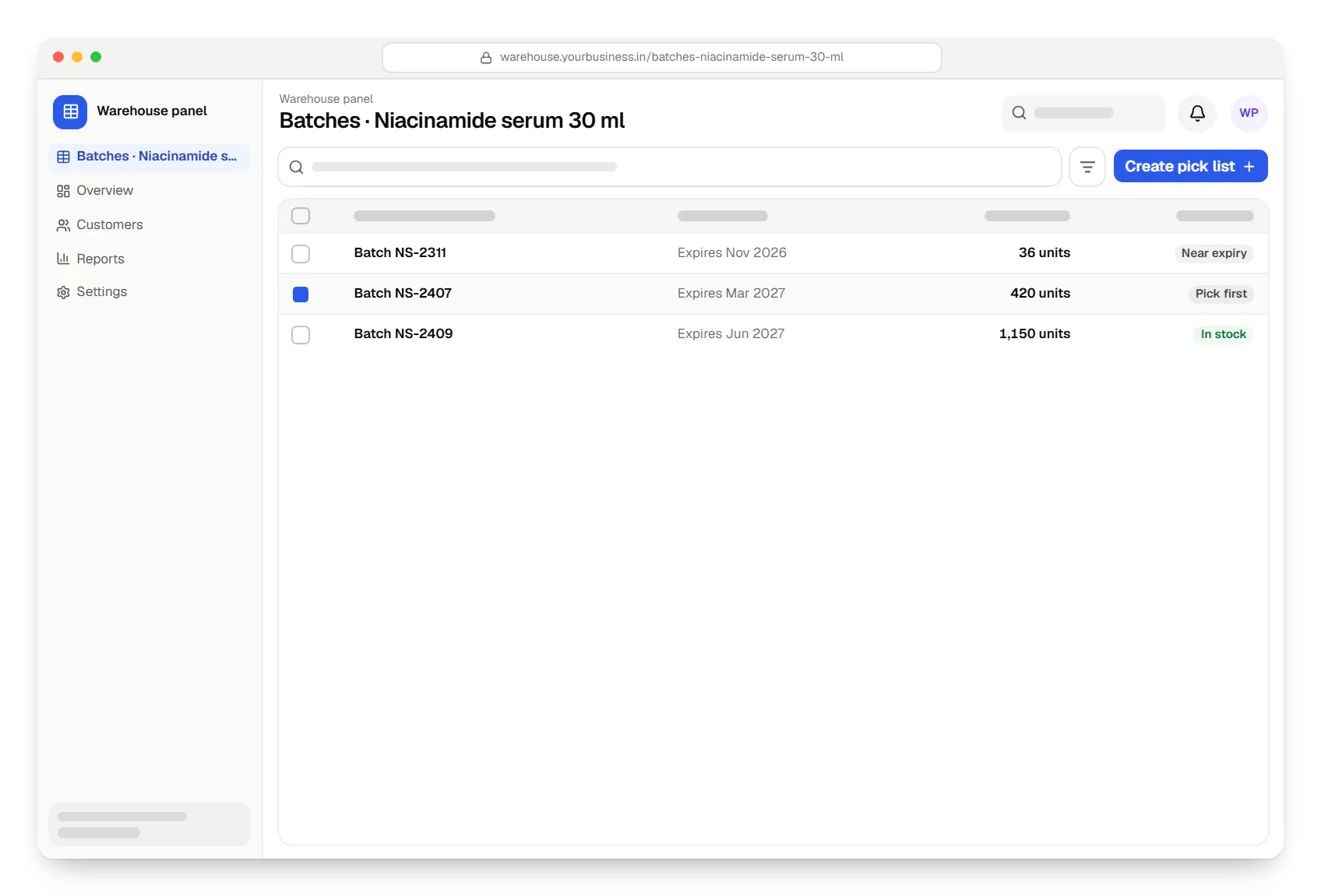 Beauty and cosmetics software warehouse panel batches table in a web browser, with 3 rows and status labels