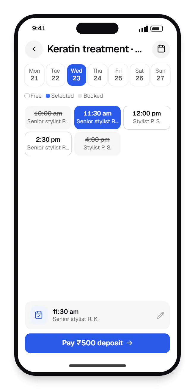 Beauty salon software client app booking slots on a phone, with open time slots
