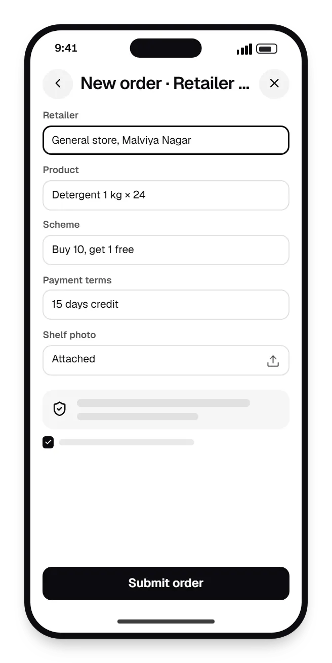 Business software field staff app new order on a phone, with input fields and an action button